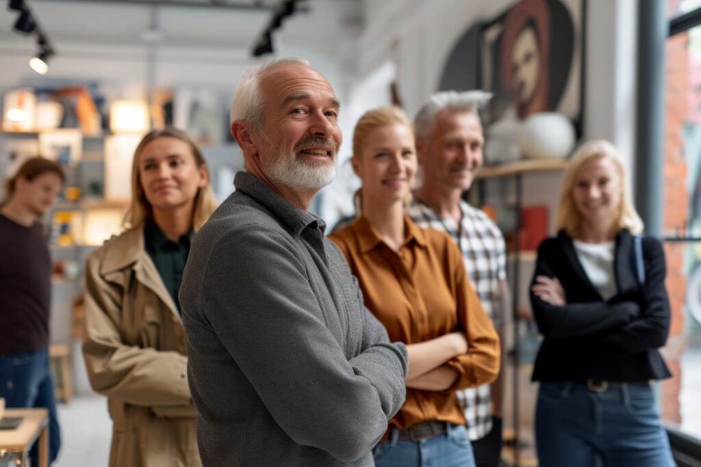 Carrollton Gardens | Senior man standing with arms crossed in art gallery